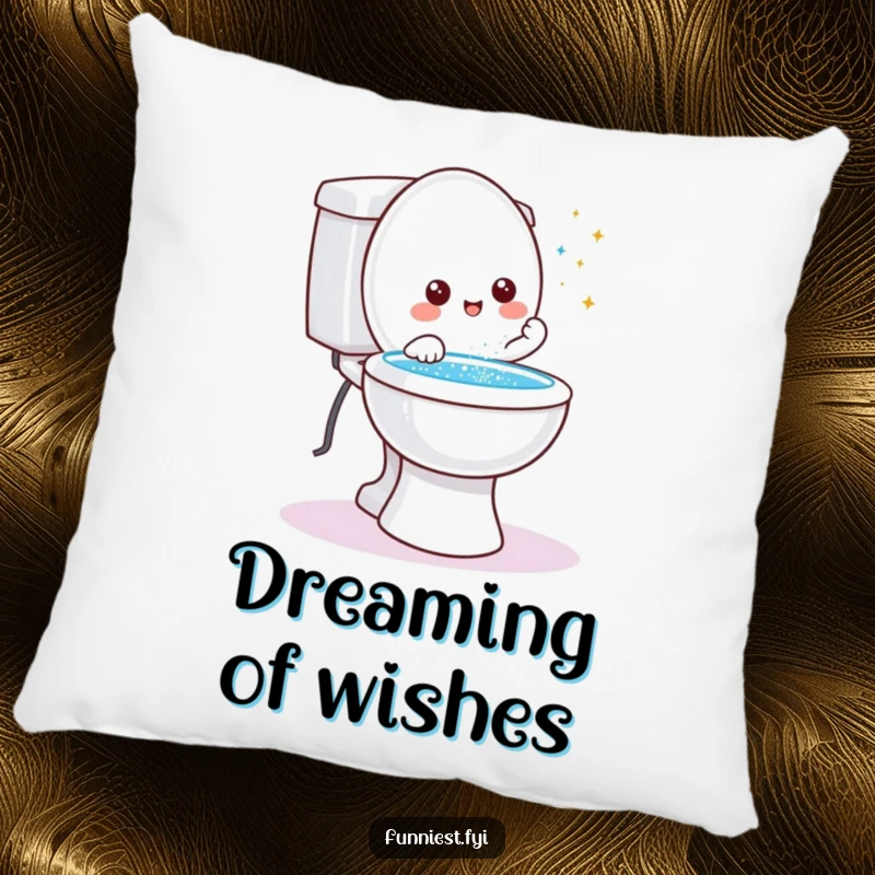 Funny friendly toilet character pillow, granting a wish with a shower of glitter shooting from the bowl, magical comfort.