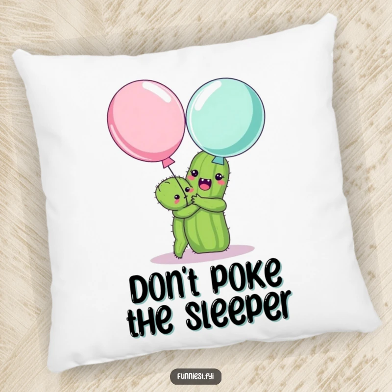 Funny pillow design showing a happy cactus attempting a hug on a startled balloon, adding comfort and humor to any room.