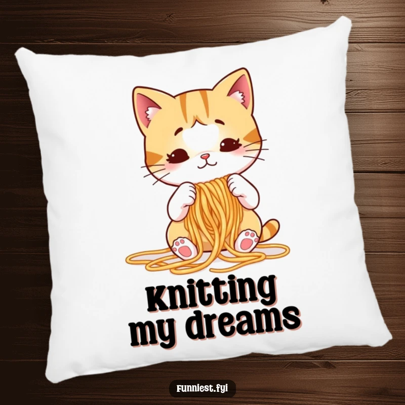 Funny cat pillow with a puzzled cartoon cat attempting to knit spaghetti noodles, offering comfort and a humorous decorative element.