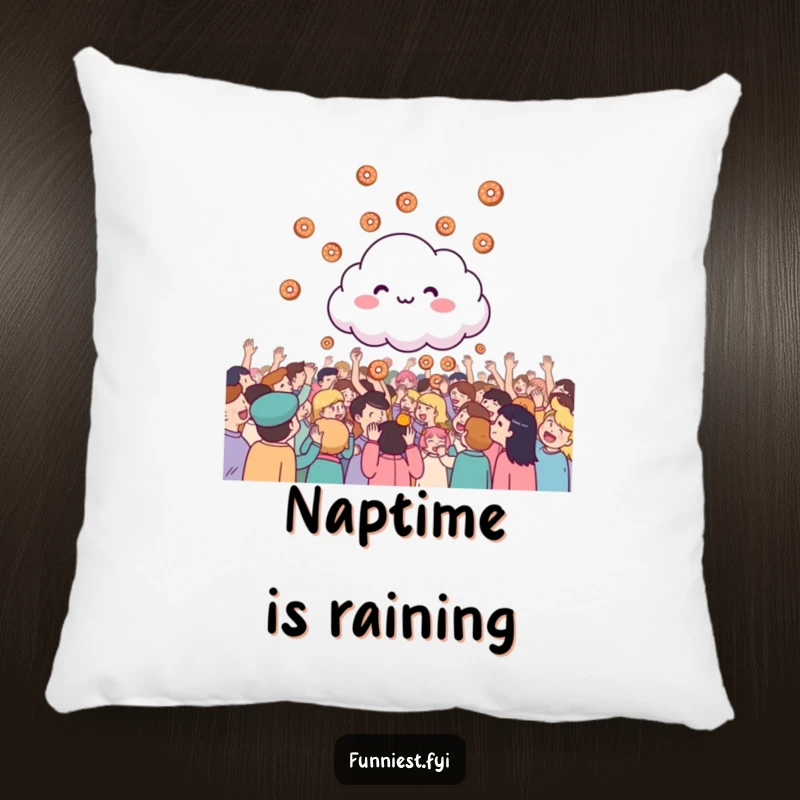 Funny giggling cloud raining tiny donuts onto a cheering crowd, a soft and humorous decorative pillow.