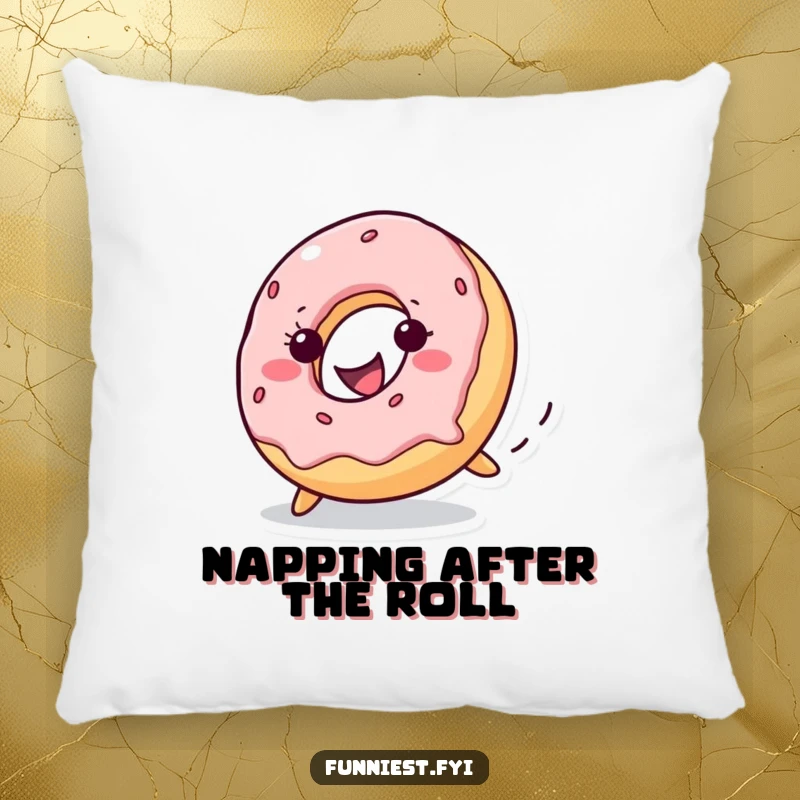 Funny donut character rolling downhill with a happy grin, a soft and comfortable pillow designed to bring sweet joy.