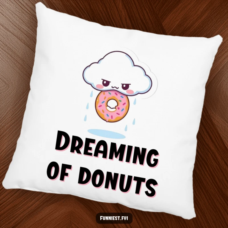 Funny decorative pillow showing a grumpy cloud raining a single, perfect donut, soft and witty.