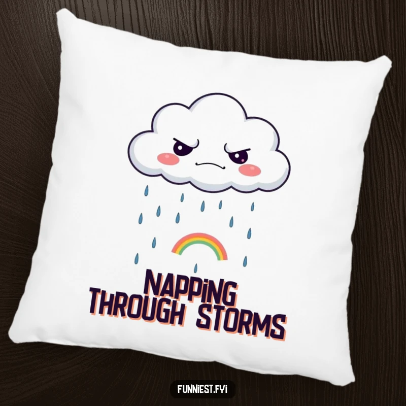 Funny pillow with a grumpy cloud raining a tiny rainbow, offering comfortable and humorous decor.