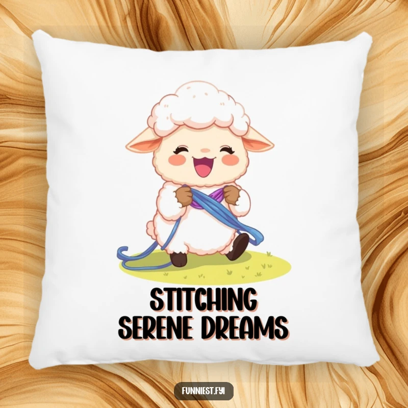 Funny sheep character knitting a rainbow, soft and decorative pillow design.