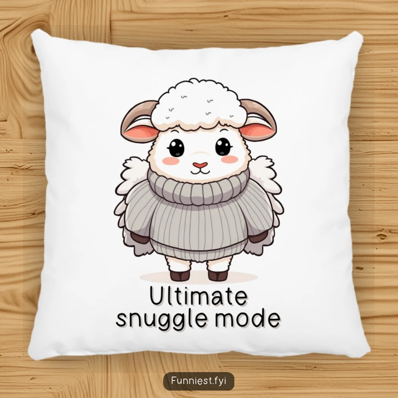 Funny pillow with a sheep wearing a ridiculously large, fluffy sweater, offering comfortable and humorous decor.