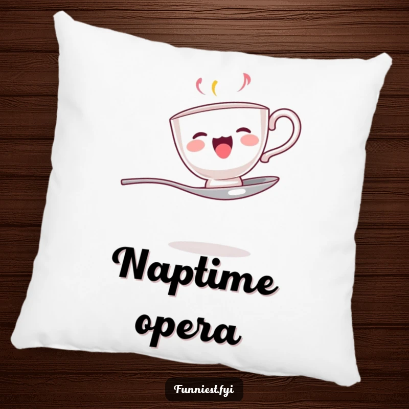 Funny pillow with a singing teacup balanced on a spoon, perfect for adding comfort and a touch of whimsy.