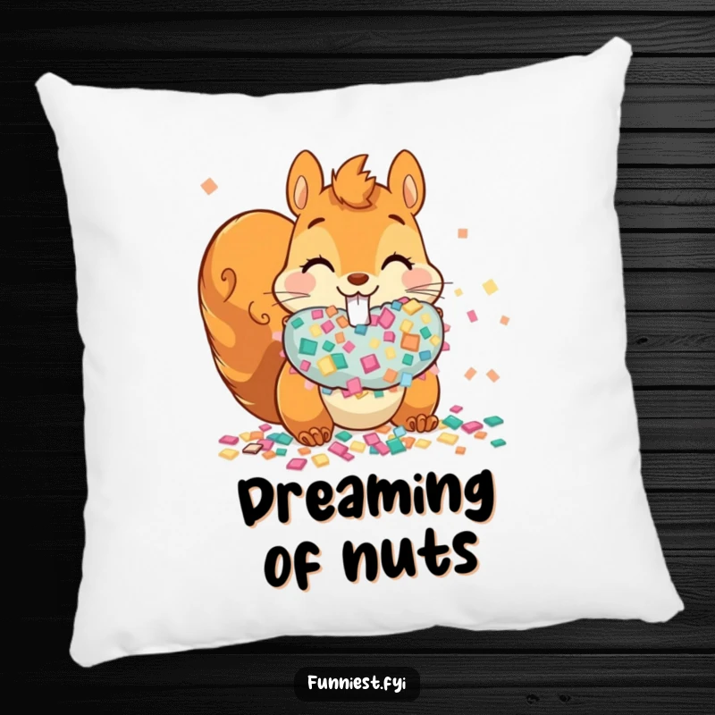 Funny mischievous squirrel stuffing its cheeks with confetti on a pillow, offering comfort and party cheer.