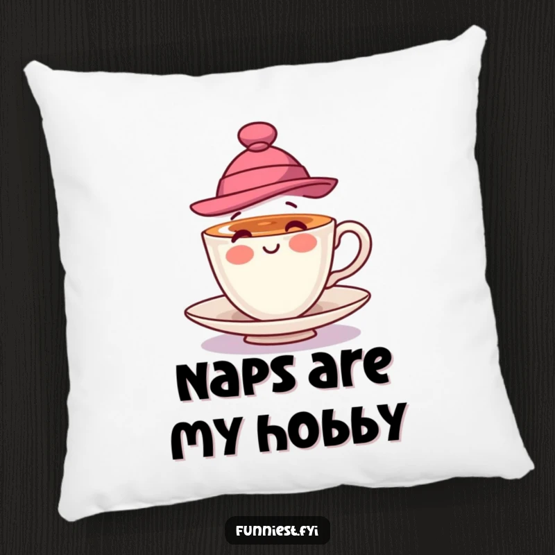 Funny pillow with a playful teacup wearing a stylish hat and spinning, perfect for adding comfort and whimsical charm to decor.