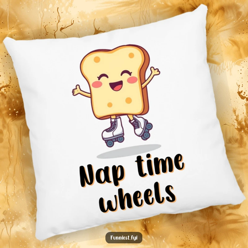 Funny pillow with a charming toast character attempting roller skates, looking joyful yet unsteady. A soft and amusing decorative item for any room.