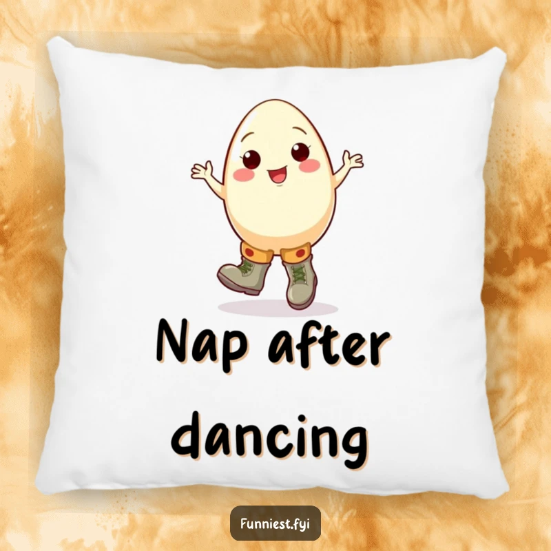 Funny egg pillow with a cheerful cartoon egg character doing a clumsy jig in oversized boots, offering comfort and humor.