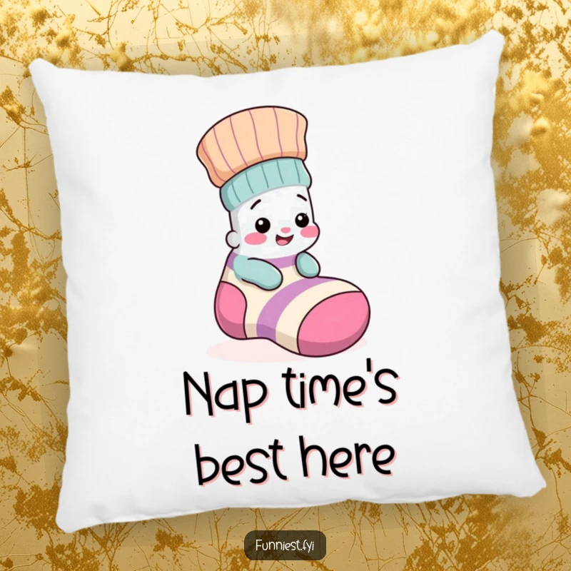 Funny pillow depicting a tiny, giggling sock character playfully hiding inside a much larger, mismatched sock, bringing cozy amusement.