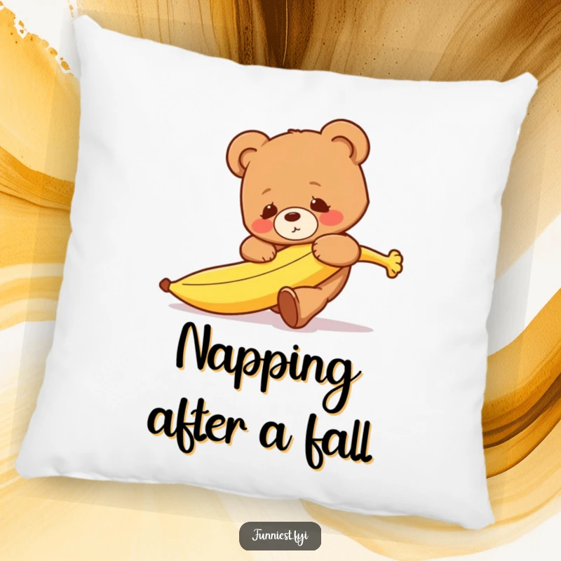 A soft pillow featuring a funny clumsy teddy bear character tripping over a runaway banana, exuding playful charm.