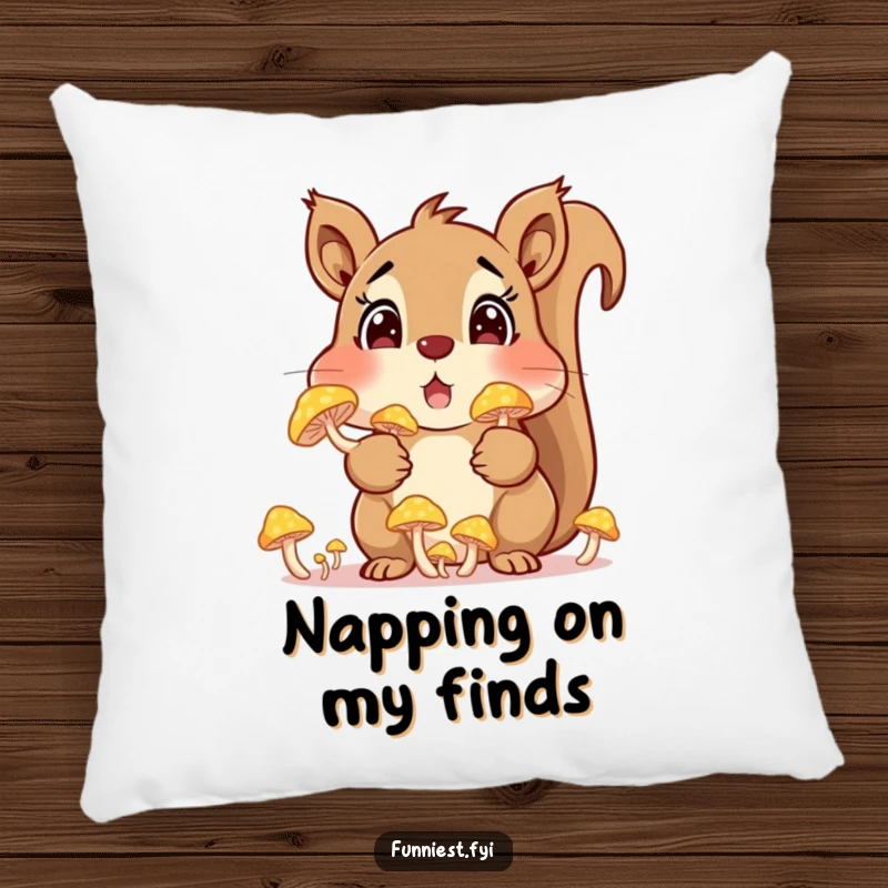 Funny squirrel character with stuffed cheeks full of glowing mushrooms, a soft and comfortable pillow designed to bring whimsical joy.