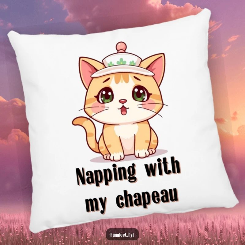 A soft pillow featuring a funny surprised cat character with a teacup perched comically as a hat.