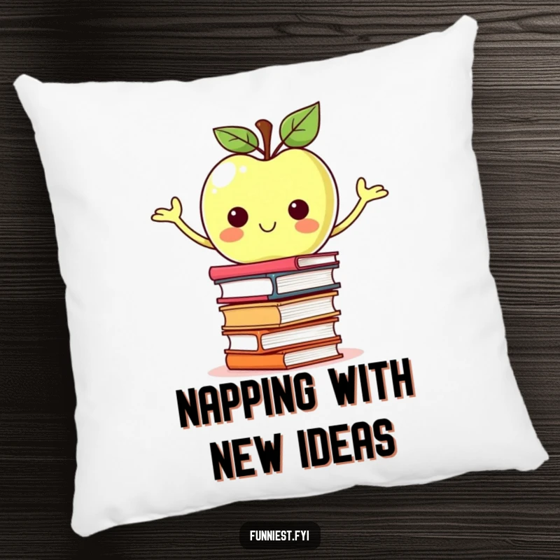 Funny proud apple character balancing a stack of books on a pillow, offering comfort and academic inspiration.
