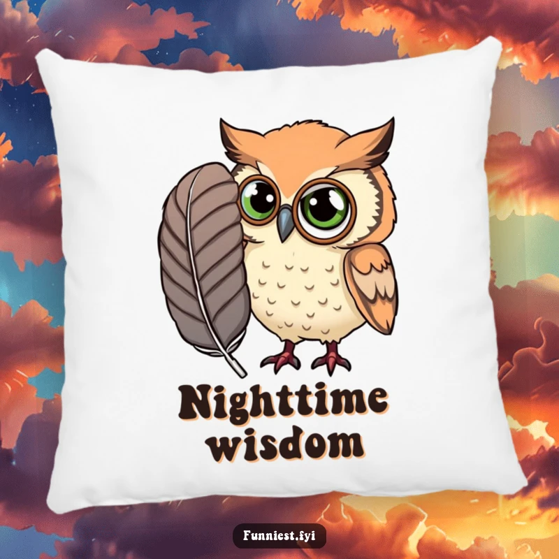 Funny Pillow showing a curious owl with a monocle, examining a comically large feather, adding charm to any room.