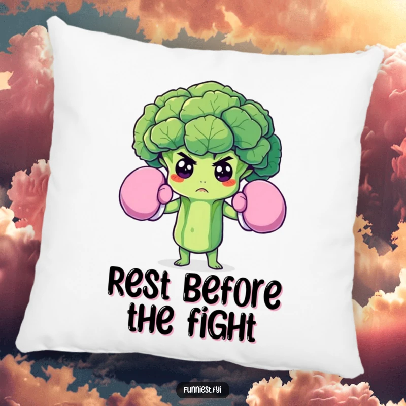 Funny pillow with a determined broccoli floret in oversized boxing gloves, perfect for adding comfort and a humorous, strong vibe.