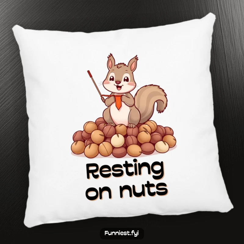 Funny Pillow showing a triumphant squirrel with a small banner, perched atop a large pile of nuts, ready for a nap.