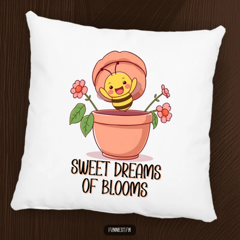 Funny pillow featuring a happy bee character comically flying upside down into a giant flowerpot, adding a touch of cheerful humor to any decor.