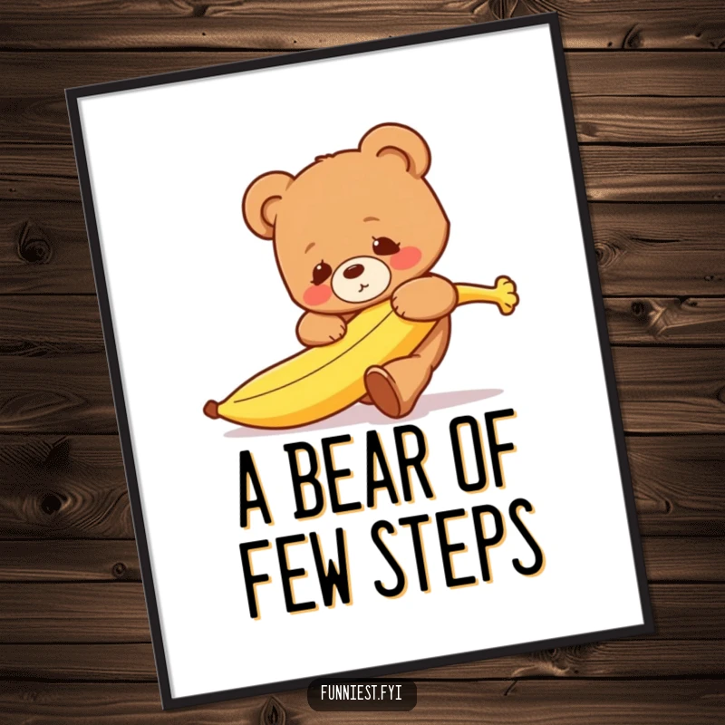 High-resolution funny clumsy teddy bear character tripping over a runaway banana, captured in humorous digital art.