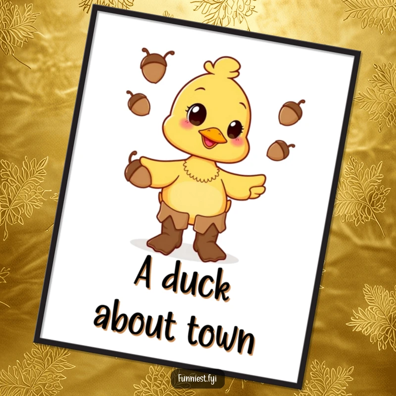 High-resolution funny happy duck character juggling acorns while wearing oversized boots, captured in humorous digital art.