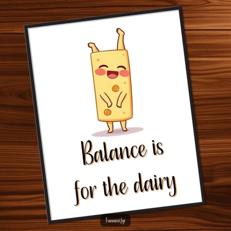High-resolution funny giggling cheese wedge character attempting a wobbly handstand, captured in humorous digital art.