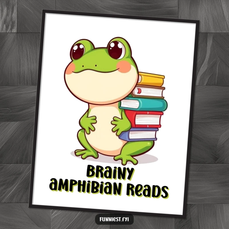 Funny digital art print of a giggling frog character precariously balancing a stack of books on its nose, capturing a comical study scene.