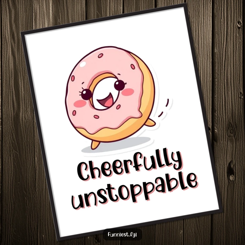 Funny donut character gleefully rolling downhill with a big grin, high-resolution digital art print for cheerful, dessert-themed decor.