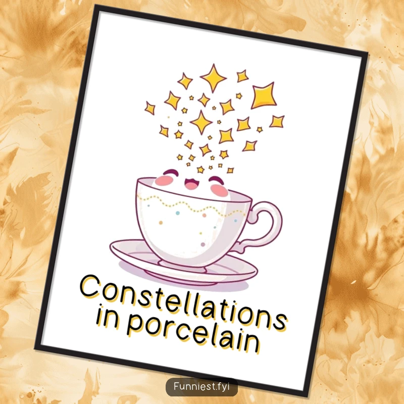 Funny teacup digital art print of a happy character pouring a dazzling stream of stars, ideal for instant magical decor.