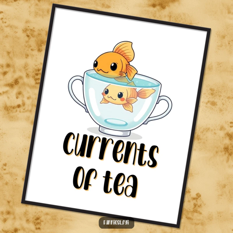 Funny determined goldfish character in a giant teacup, a high-resolution digital art print for instant motivational decor.