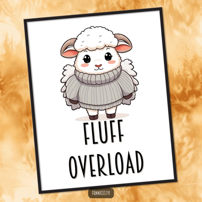 Funny digital art of a sheep wearing an enormous, fluffy sweater, perfect for whimsical and humorous decor.
