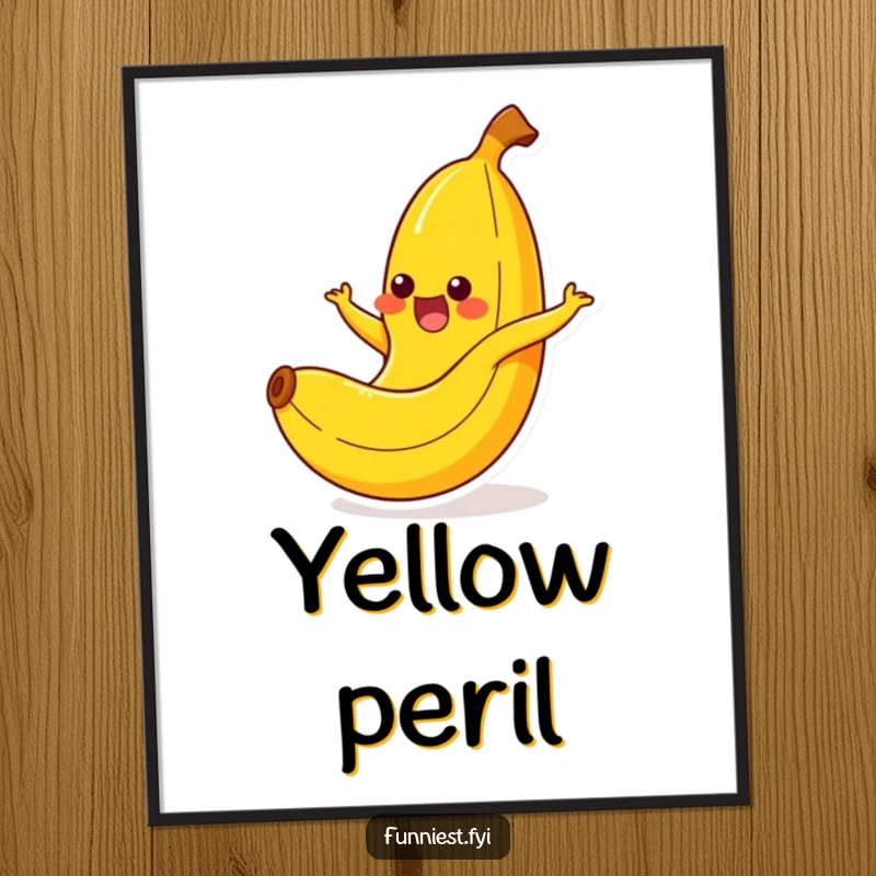 Funny banana character yelping happily as it slips comically on its own peel, a high-resolution digital art print.