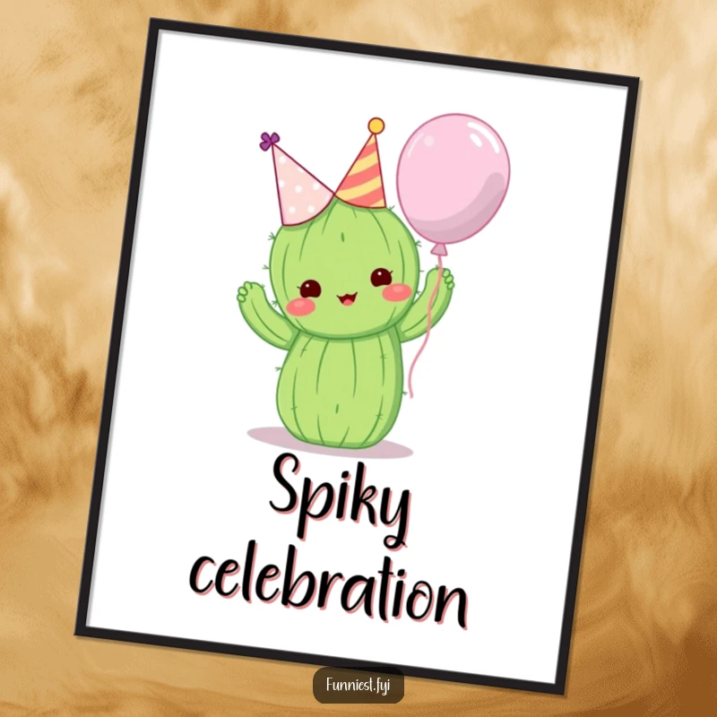 Funny digital art print of a cute cactus in a party hat attempting to hug a balloon, festive wall decor.