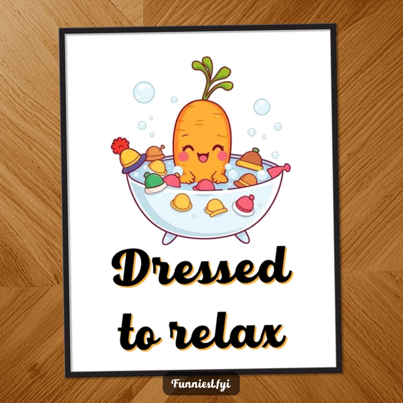 Funny carrot character enjoying a bubble bath with tiny hats, a high-resolution digital art print for instant wall decor.