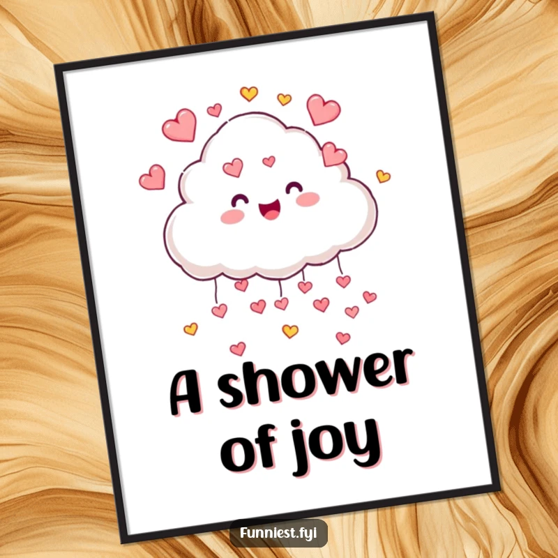 Funny cloud character showering tiny colorful hearts, high-resolution digital art print for cheerful, love-themed wall decor.