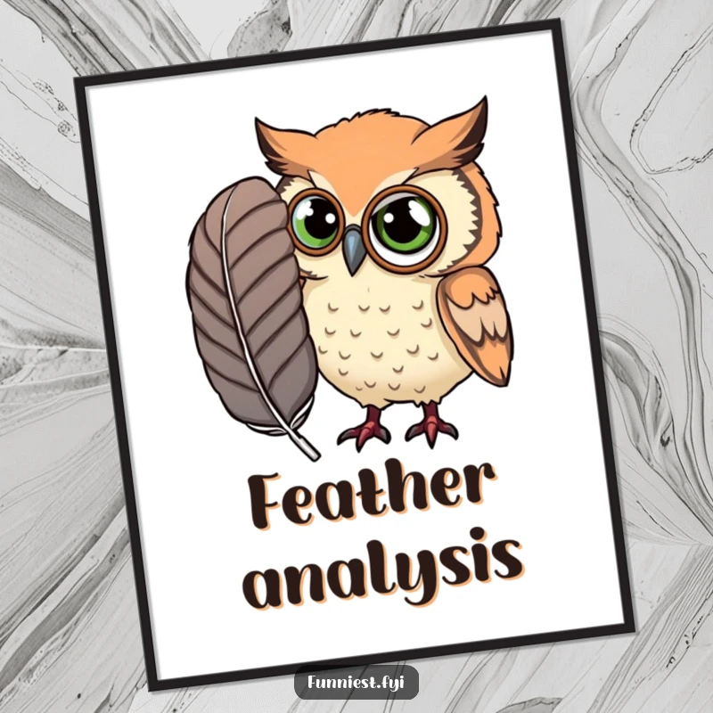 Funny Digital Art Print of a curious owl in a monocle, intently examining a ridiculously large feather.