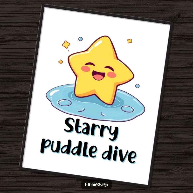 Funny digital art print of a laughing star character winking and splashing into a puddle, perfect for instant, joyful wall decor.