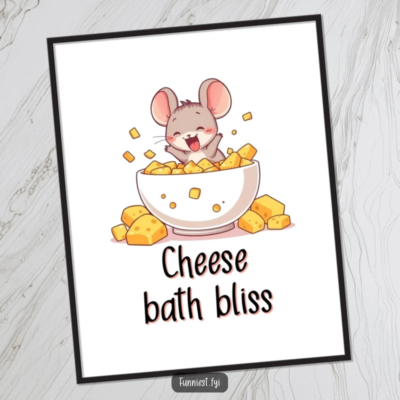 Funny digital art print of a delighted mouse character diving into a massive bowl of cheese, illustrating humorous cheesy joy.