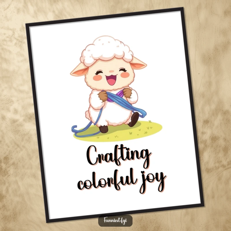 Funny sheep character excitedly knitting a vibrant rainbow, high-quality digital art print.