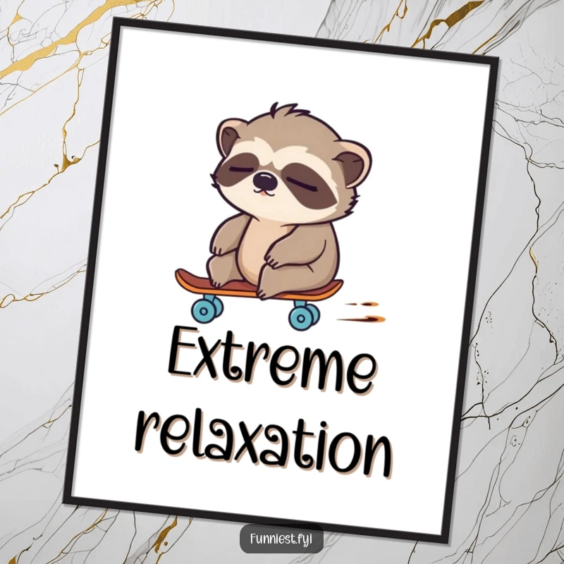 Funny sloth character unexpectedly zooming on a tiny skateboard, high-quality digital art print.