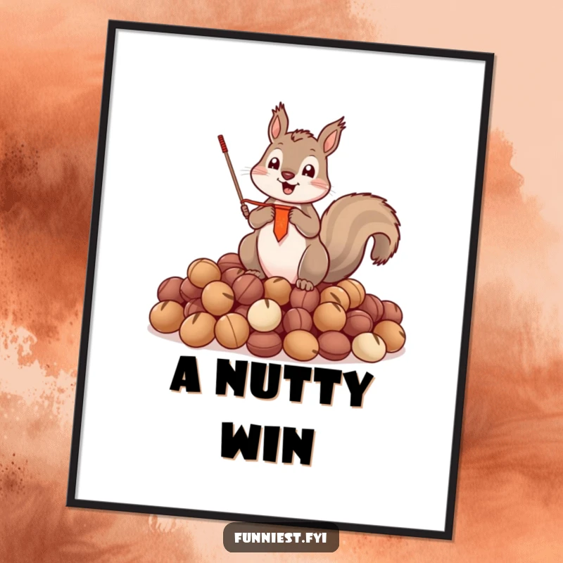 Funny Digital Art Print of a triumphant squirrel with a tiny banner, standing proudly on a large pile of nuts.