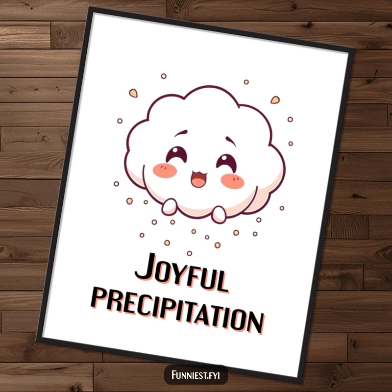 Funny surprised little cloud character raining tiny laughter particles, a high-resolution digital art print.