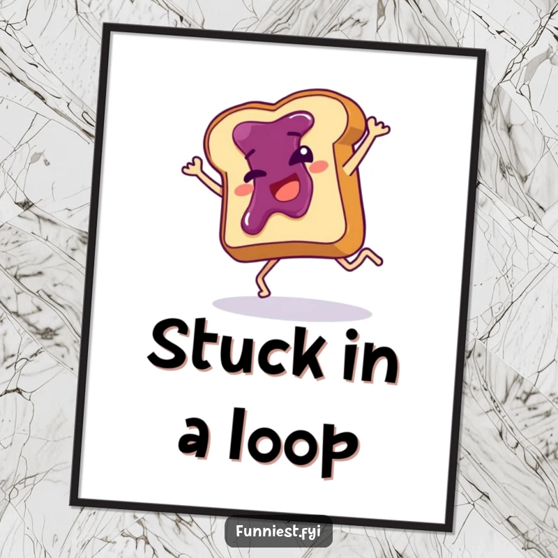 Funny digital art print of a giggling toast slice with jam, captured mid-cartwheel, perfect for instant humorous wall decor.