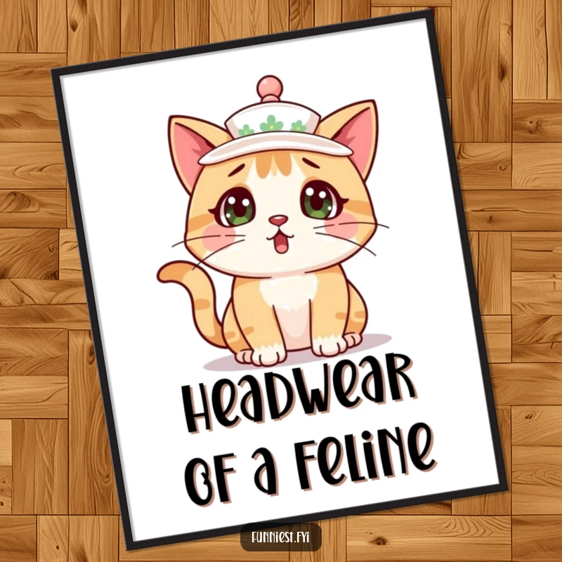 High-resolution funny surprised cat character wearing a teacup as a hat, captured in humorous digital art.