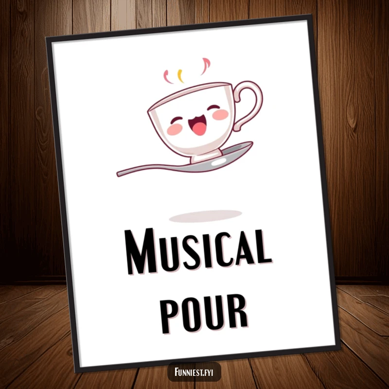 Funny digital art print of a singing teacup balanced on a spoon, offering instant whimsical and musical wall decor.