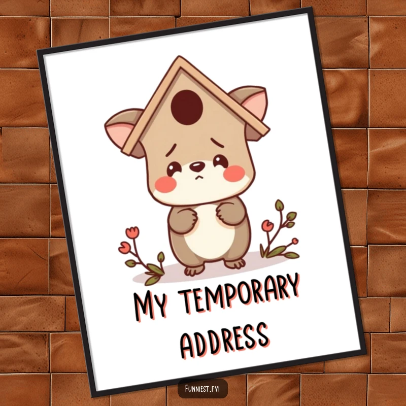 Funny digital art print of a confused animal character wearing a birdhouse as a hat, looking around lost, conveying whimsical bewilderment.