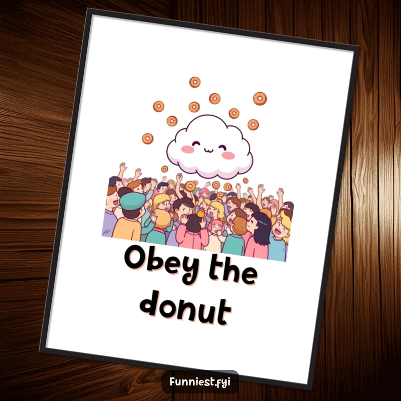 Funny giggling cloud raining tiny donuts onto a cheering crowd, a high-resolution digital art print for instant decor.