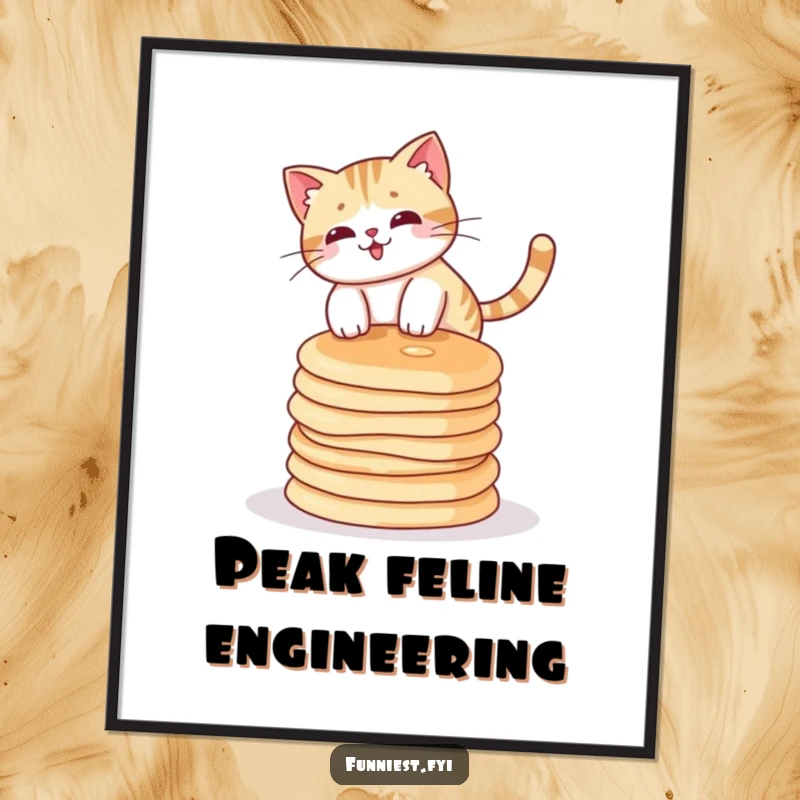 Funny cat character trying to keep its balance on a wobbly tower of delicious pancakes, digital art.