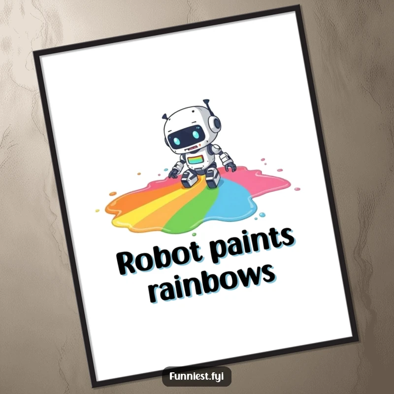 Funny digital art print of a clumsy robot character spilling a large puddle of rainbow paint, capturing a vibrant, humorous art piece.