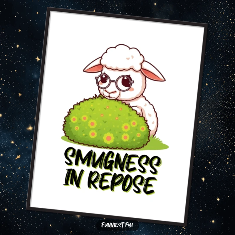 Funny sheep digital art print, a sheep wearing a monocle looks smugly at a perfectly groomed bush.